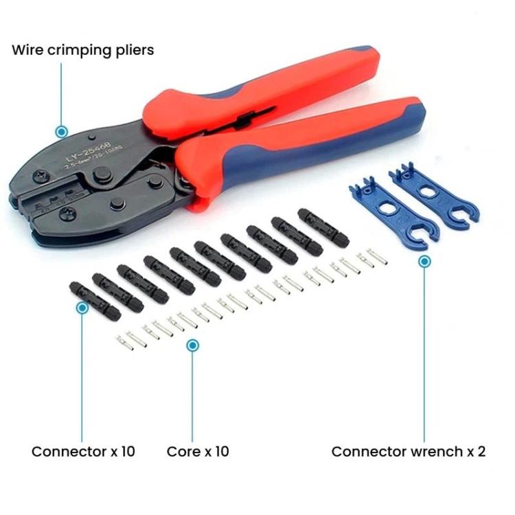 Bộ dụng cụ MC4 PV gồm kìm bấm, cờ lê, đầu nối PV, túi đựng dụng cụ, 24 trong 1