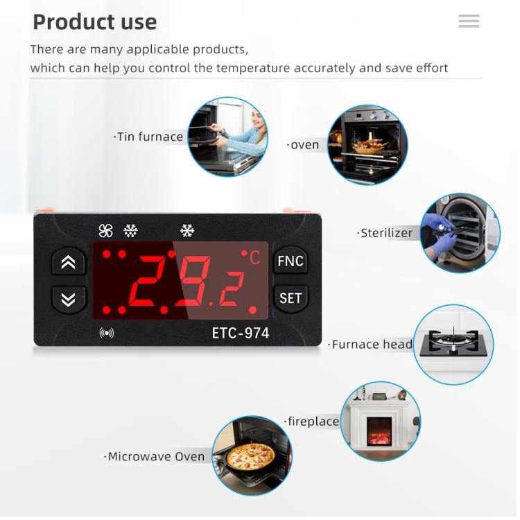 Bộ điều khiển nhiệt độ kỹ thuật số ETC-974 gắn trong với chức năng làm mát, rã đông và quạt, ETC-974 220V, ETC-974 110V