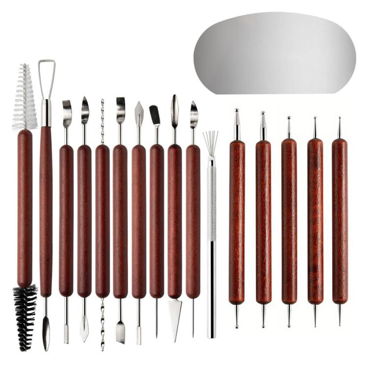 Bộ dụng cụ đất sét gồm dao điêu khắc thép không gỉ tay cầm gỗ hồng, dùng cho đất sét polymer, gốm, tạo mẫu, thủ công DIY, 17 trong 1