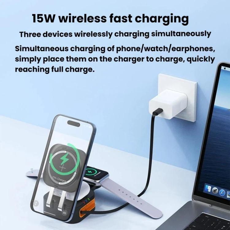 Sạc không dây từ tính 15W 3 trong 1, cáp rút gọn, đế sạc để bàn gập được