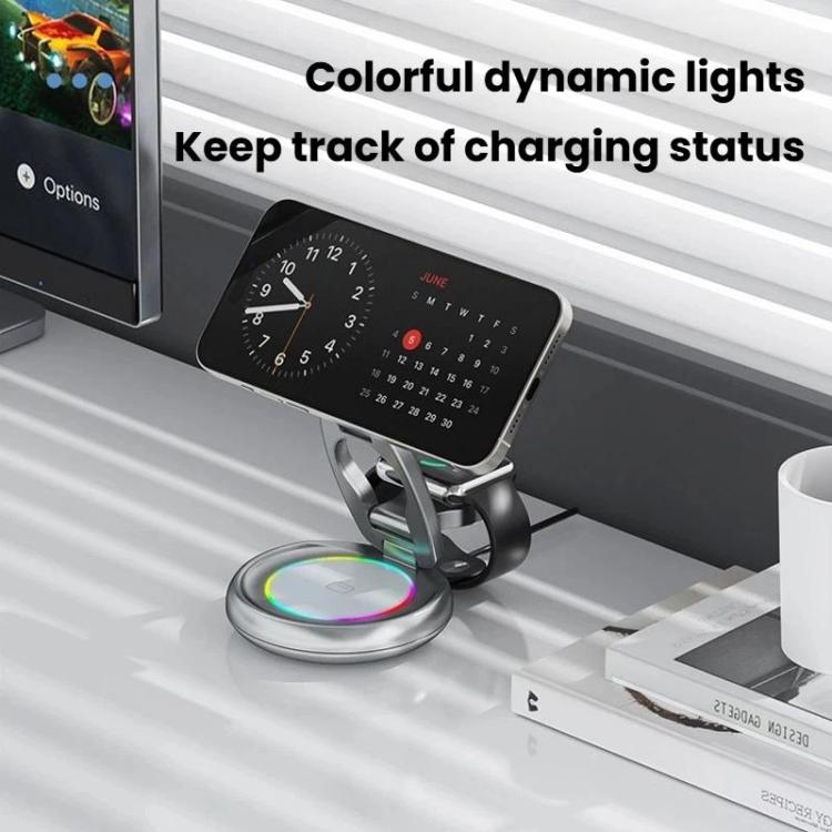 Sạc không dây từ tính 15W 3 trong 1 với đèn LED nhiều màu, đế sạc để bàn xoay được