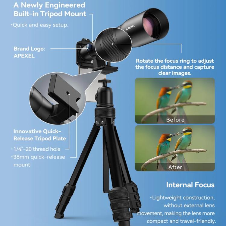 Bộ ống kính TeleCular 50x cho điện thoại thông minh với chân máy đầu bi 360 độ & lấy nét trong, APL-T50X