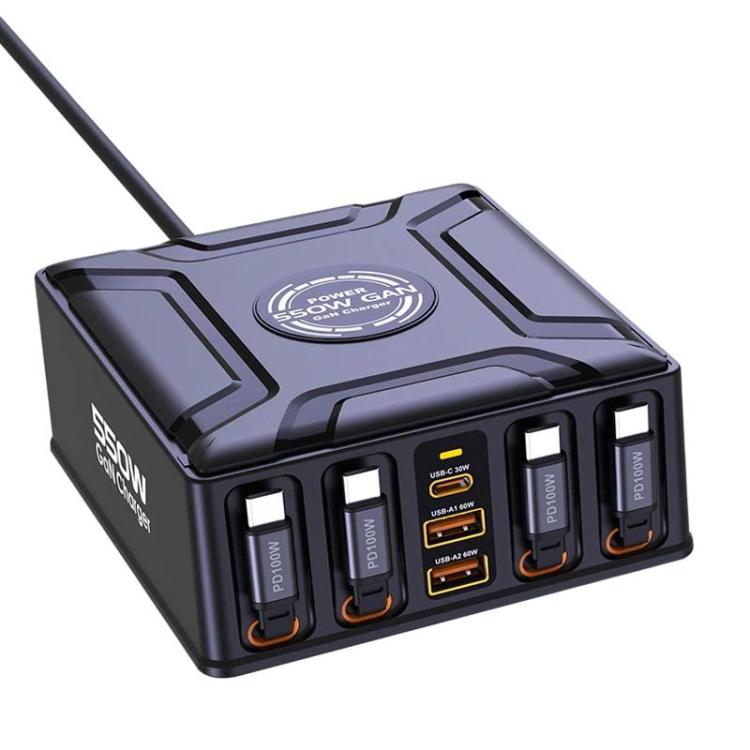 Sạc đa cổng USB-C GaN siêu nhanh 550W có dây cáp thu gọn, Phích cắm EU, phích cắm US, phích cắm UK, phích cắm AU, phích cắm KR