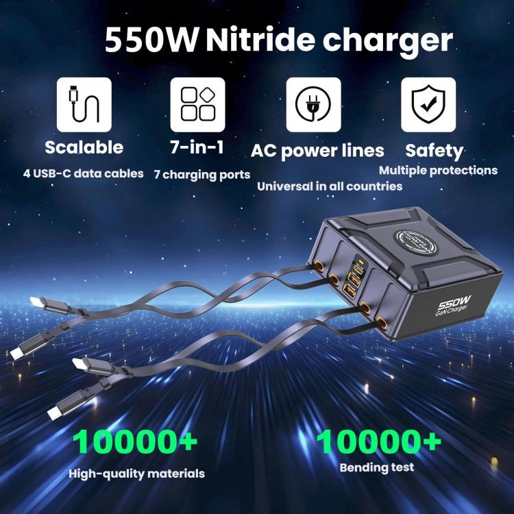 Sạc đa cổng USB-C GaN siêu nhanh 550W có dây cáp thu gọn, Phích cắm EU, phích cắm US, phích cắm UK, phích cắm AU, phích cắm KR