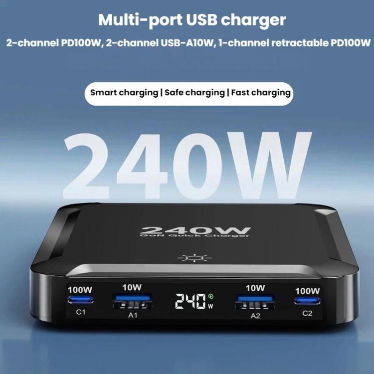 Sạc nhanh thông minh 240W với dây cáp USB từ tính thu gọn và bộ lưu trữ đa cổng, Phích cắm EU, phích cắm US, phích cắm UK, phích cắm AU, phích cắm KR