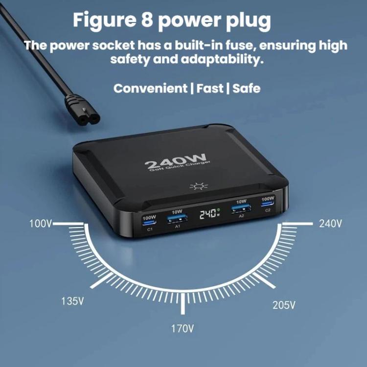 Sạc nhanh thông minh 240W với dây cáp USB từ tính thu gọn và bộ lưu trữ đa cổng, Phích cắm EU, phích cắm US, phích cắm UK, phích cắm AU, phích cắm KR