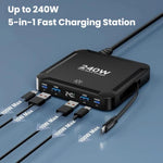 Sạc nhanh thông minh 240W với dây cáp USB từ tính thu gọn và bộ lưu trữ đa cổng, Phích cắm EU, phích cắm US, phích cắm UK, phích cắm AU, phích cắm KR