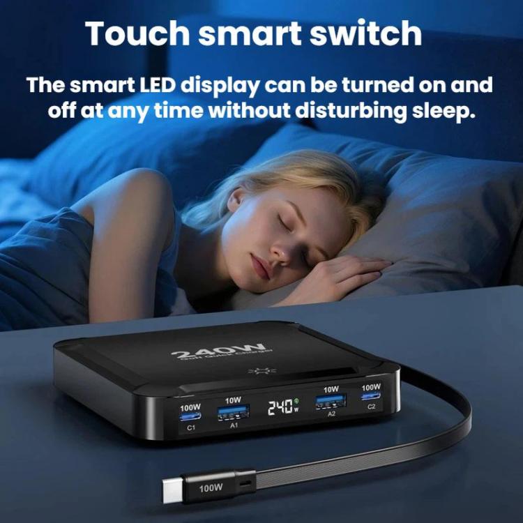 Sạc nhanh thông minh 240W với dây cáp USB từ tính thu gọn và bộ lưu trữ đa cổng, Phích cắm EU, phích cắm US, phích cắm UK, phích cắm AU, phích cắm KR