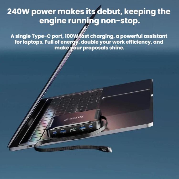 Sạc nhanh thông minh 240W với dây cáp USB từ tính thu gọn và bộ lưu trữ đa cổng, Phích cắm EU, phích cắm US, phích cắm UK, phích cắm AU, phích cắm KR