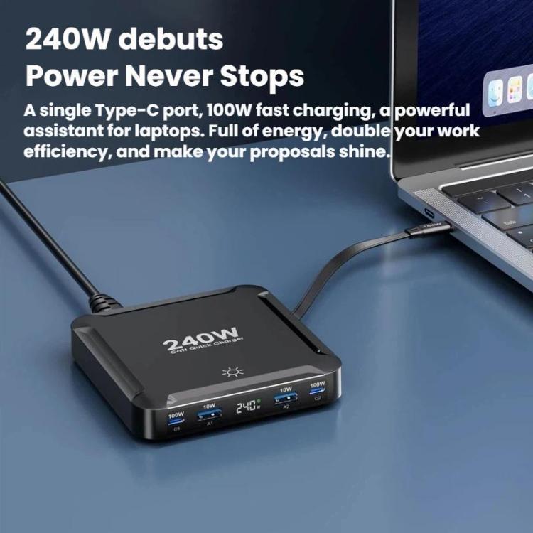 Sạc nhanh thông minh 240W với dây cáp USB từ tính thu gọn và bộ lưu trữ đa cổng, Phích cắm EU, phích cắm US, phích cắm UK, phích cắm AU, phích cắm KR