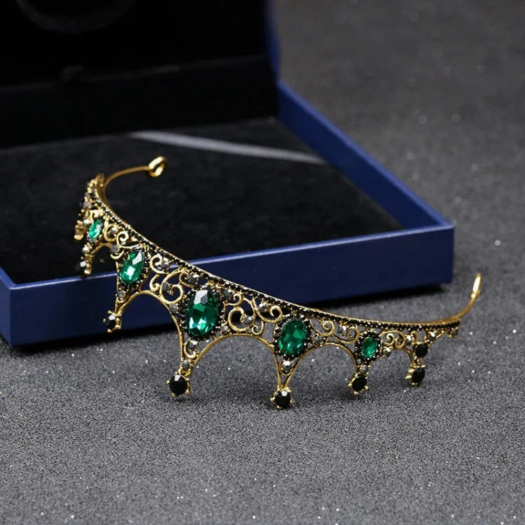 Vương miện pha lê xanh nhỏ phong cách Baroque cổ điển cho nữ cô dâu trang sức tóc cưới