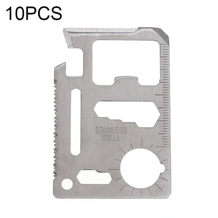 100 cái thẻ dụng cụ rỗng đa chức năng ngoài trời 11 trong 1 bằng thép không gỉ, kèm hộp da, kích thước: 6.9 x 4.5cm, 10 cái