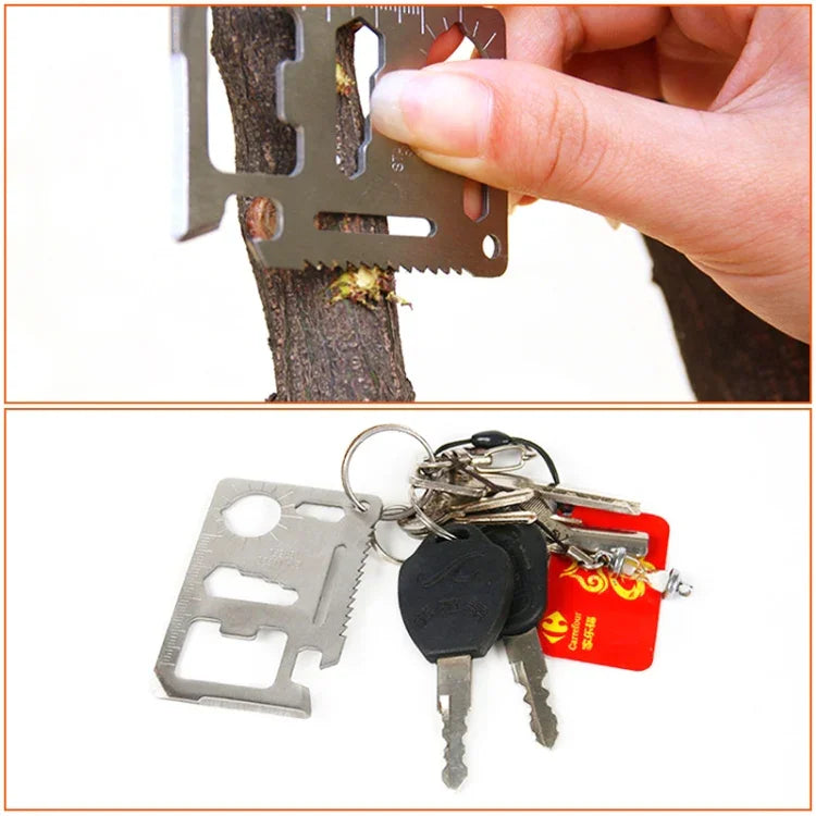 100 cái thẻ dụng cụ rỗng đa chức năng ngoài trời 11 trong 1 bằng thép không gỉ, kèm hộp da, kích thước: 6.9 x 4.5cm, 10 cái