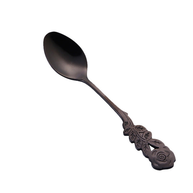 Muỗng cà phê hoa hồng mini nhỏ bằng thép không gỉ, muỗng khuấy, muỗng trà, muỗng tráng miệng, cán dài, bộ dụng cụ bàn ăn