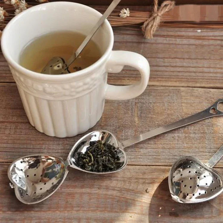 2 cái thìa lọc trà hình trái tim bằng thép không gỉ, lọc trà hình trái tim