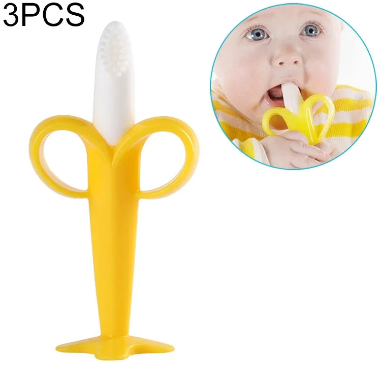 3 cái bàn chải tập luyện silicone cho bé hình chuối an toàn, đồ chơi nhai cho bé mọc răng, vòng nhai quà tặng cho trẻ sơ sinh, màu vàng-B