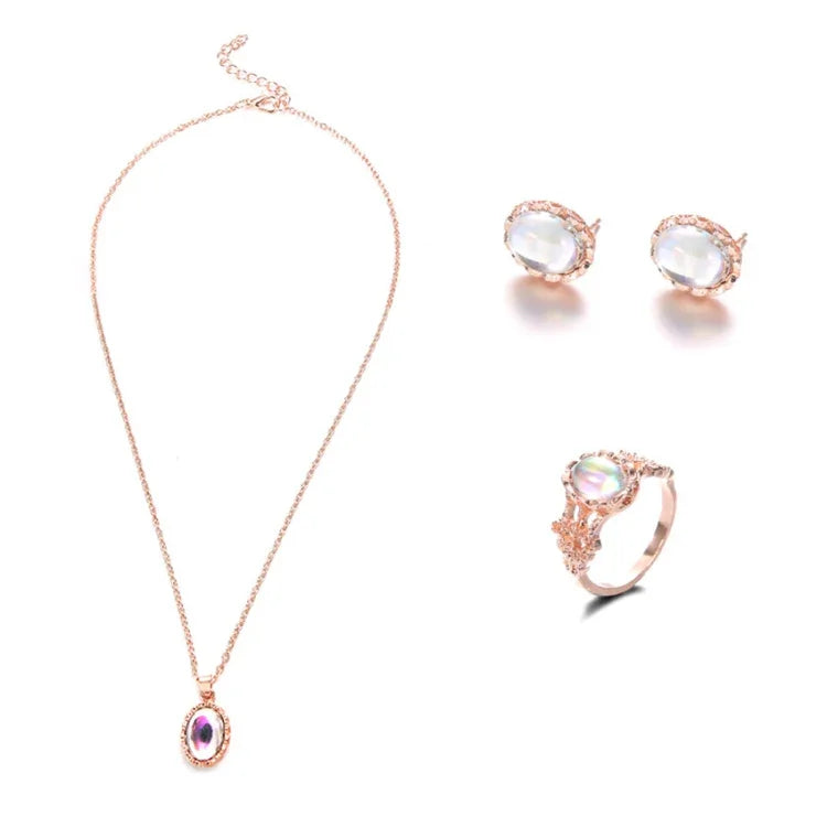 Bộ trang sức nữ gồm dây chuyền, bông tai, nhẫn đá Opal pha lê