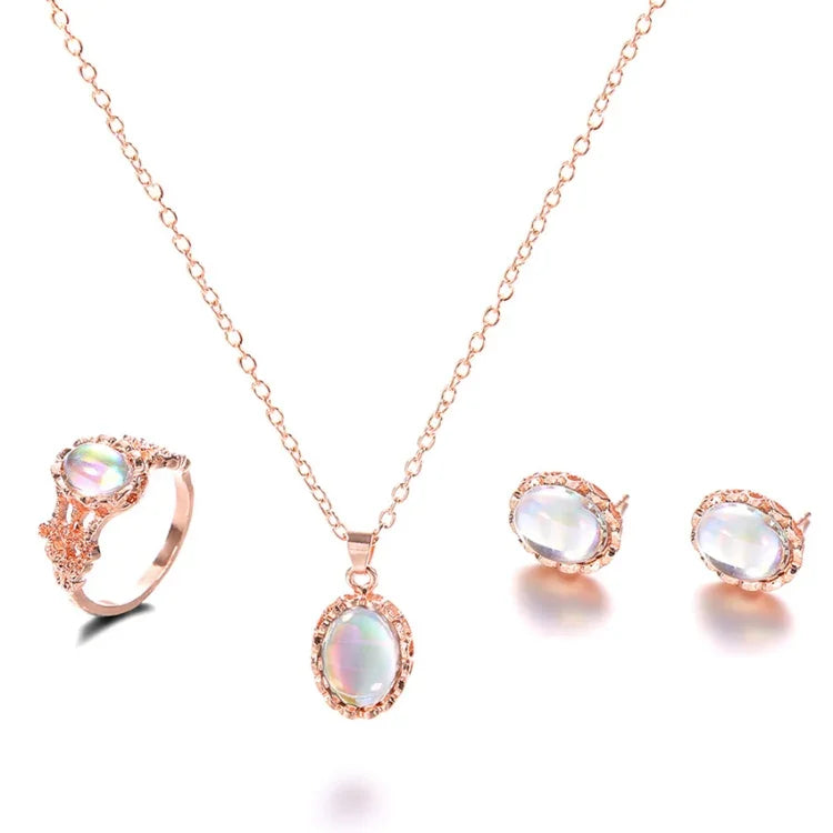 Bộ trang sức nữ gồm dây chuyền, bông tai, nhẫn đá Opal pha lê