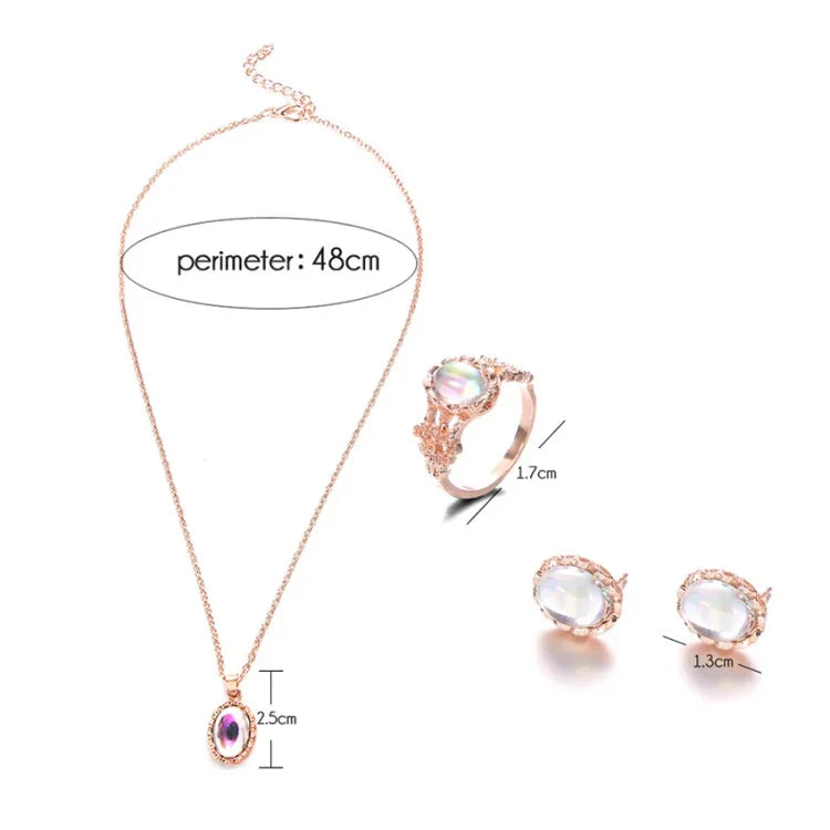 Bộ trang sức nữ gồm dây chuyền, bông tai, nhẫn đá Opal pha lê