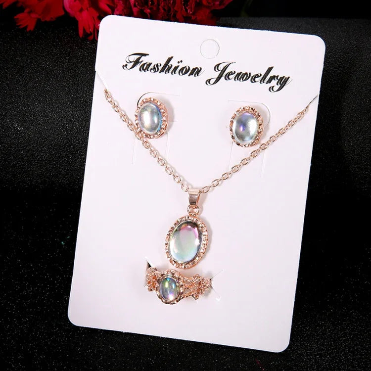 Bộ trang sức nữ gồm dây chuyền, bông tai, nhẫn đá Opal pha lê