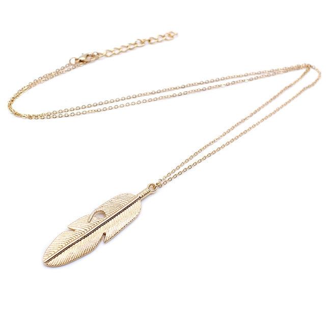 Dây chuyền mặt đơn giản cổ điển hình lông vũ, dây dài kiểu áo len, vòng cổ choker nữ, vàng, bạc