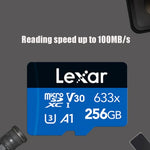 Thẻ nhớ điện thoại di động Lexar 633x 256GB tốc độ cao dành riêng cho ghi hình xe TF, thẻ nhớ flash mở rộng chuyển đổi, 256GB