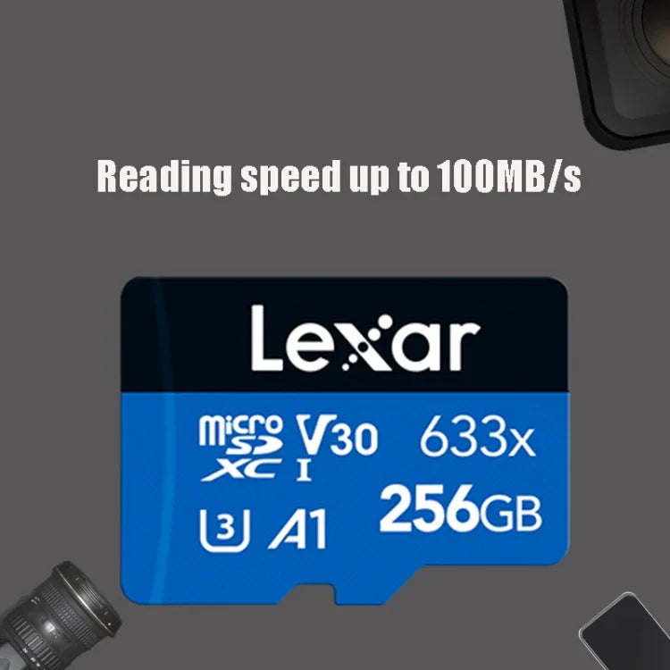 Thẻ nhớ điện thoại di động Lexar 633x 256GB tốc độ cao dành riêng cho ghi hình xe TF, thẻ nhớ flash mở rộng chuyển đổi, 256GB