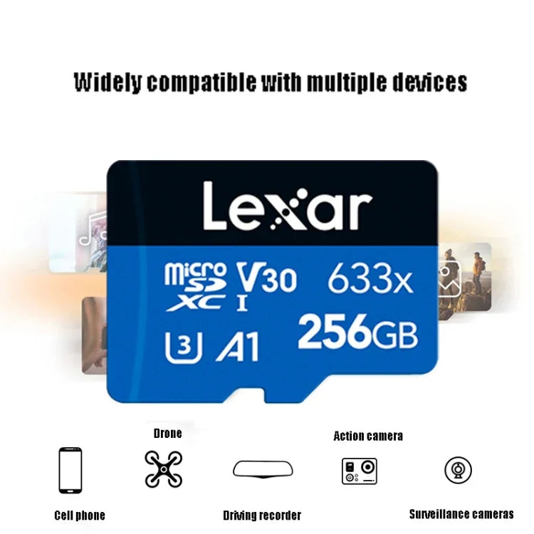 Thẻ nhớ điện thoại di động Lexar 633x 256GB tốc độ cao dành riêng cho ghi hình xe TF, thẻ nhớ flash mở rộng chuyển đổi, 256GB