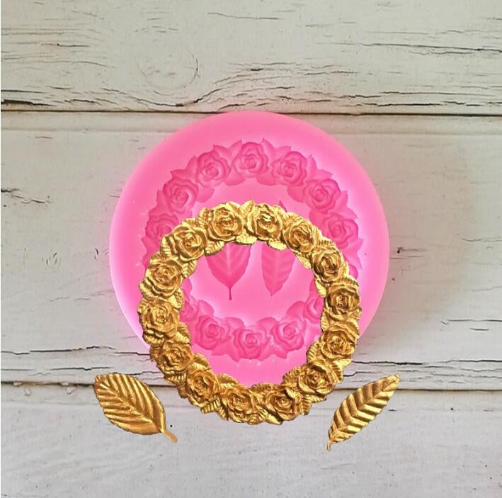 2 cái khuôn fondant silicone hình vòng hoa hồng và lá hồng, dụng cụ trang trí viền bánh, khuôn keo nướng