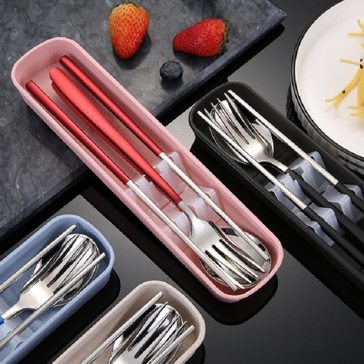 Bộ 3 món dụng cụ ăn bằng thép không gỉ di động sáng tạo gồm đũa, thìa, nĩa làm quà, thép, màu đen, hồng, đỏ, xanh dương