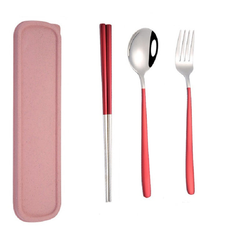 Bộ 3 món dụng cụ ăn bằng thép không gỉ di động sáng tạo gồm đũa, thìa, nĩa làm quà, thép, màu đen, hồng, đỏ, xanh dương