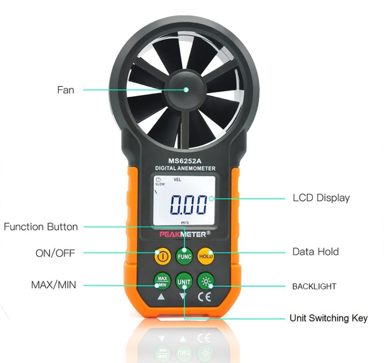 Máy đo tốc độ gió và lưu lượng không khí hiển thị kỹ thuật số chính xác cao PEAKMETER, MS6252A đo tốc độ gió, lưu lượng không khí, MS6252B đo nhiệt độ, độ ẩm, USB