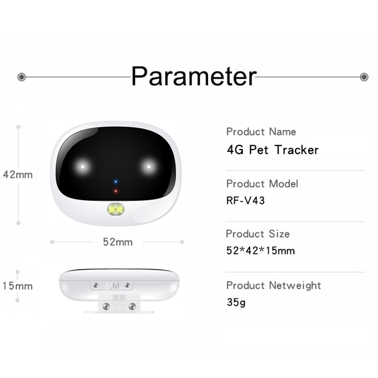 RF-V43 Kiểu A Định vị GPS + LBS + WiFi chống nước IP67 cho thú cưng, Vòng cổ theo dõi cho châu Á/Châu Âu/Châu Phi/Châu Úc, RF-V43 Kiểu A (Đen), RF-V43 Kiểu A (Trắng)