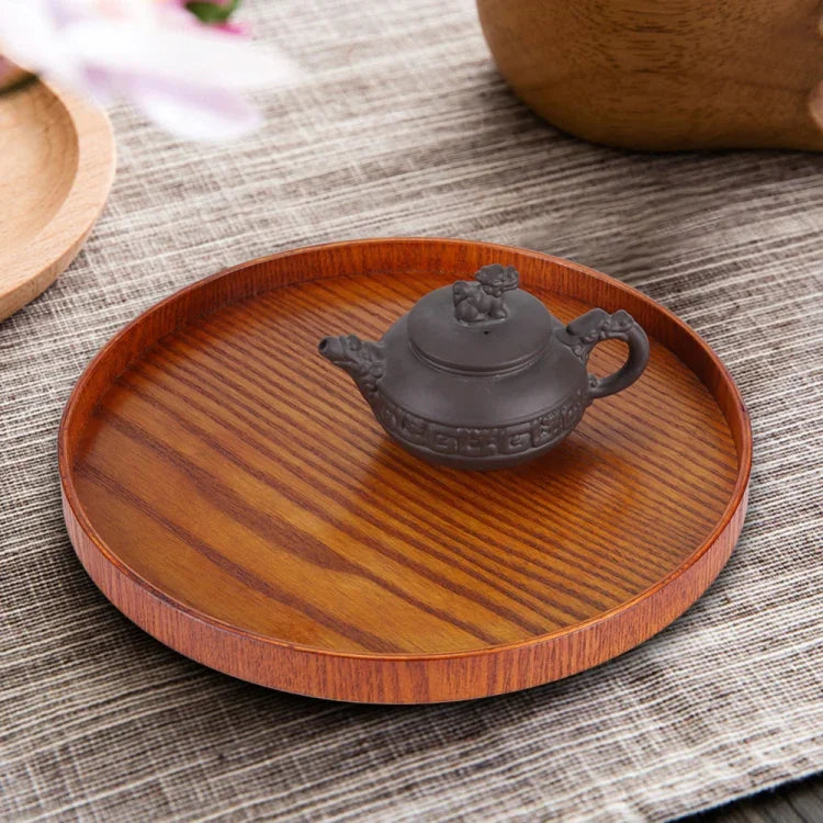 Khay trà gỗ đặc tròn sáng tạo cho khách sạn, Đường kính: 37.5cm, Màu nâu, Đường kính: 37.5cm