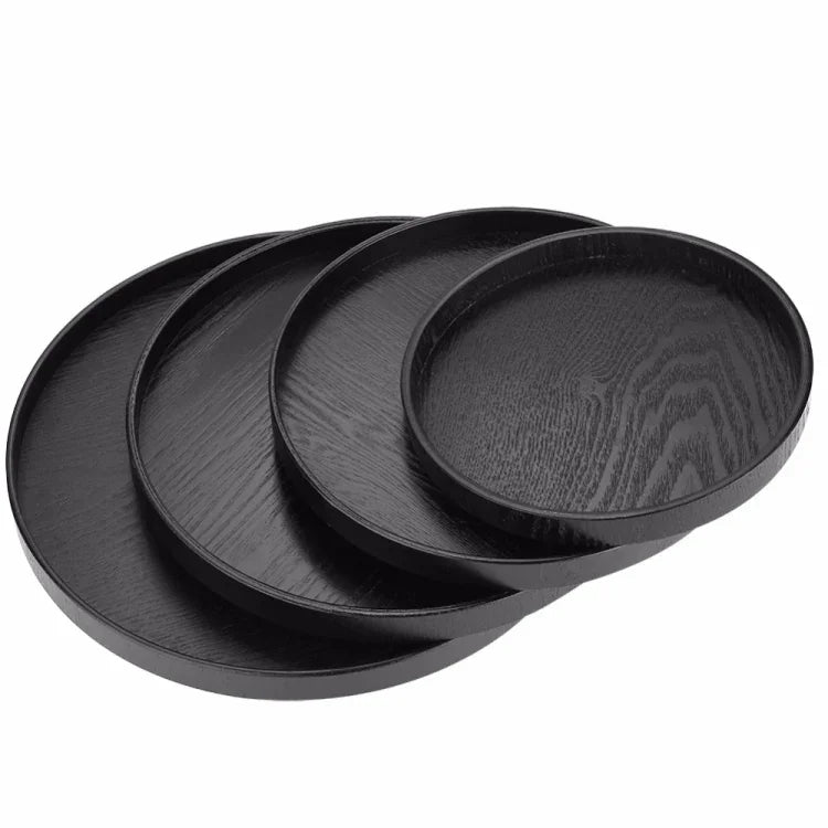 Khay trà tròn bằng gỗ đặc sáng tạo dùng trong khách sạn, khay đựng gỗ Tay, đường kính: 27 cm, màu đen, đường kính: 27cm
