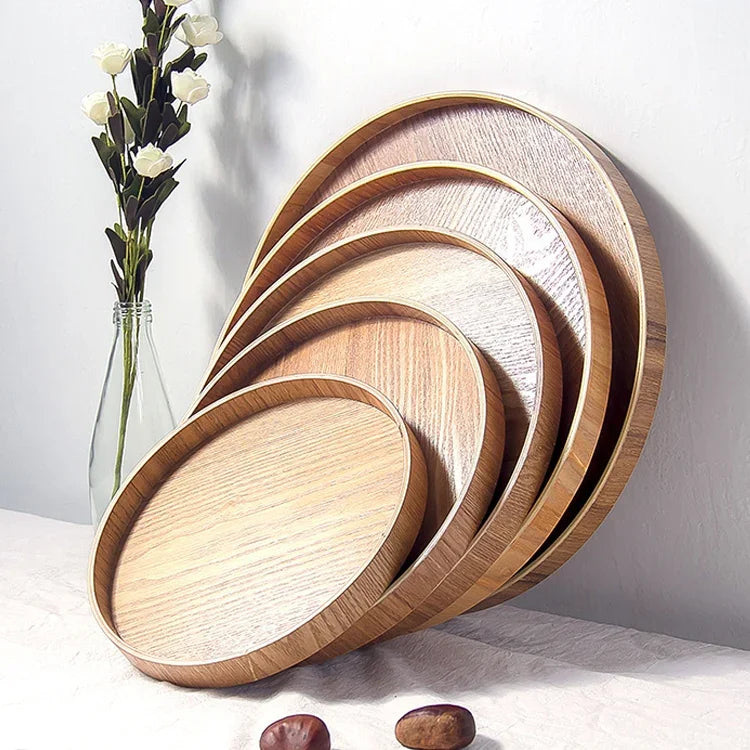 Creative Round Solid Wood Tea Tray Hotel Wooden Tay Storage Tray, Diameter: 37.5cm, Wood Color, Diameter: 37.5cm