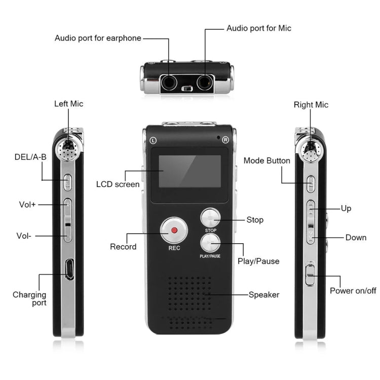 SK012 Bút ghi âm giọng nói HD giảm tiếng ồn thông minh 8GB, màu đen 8GB