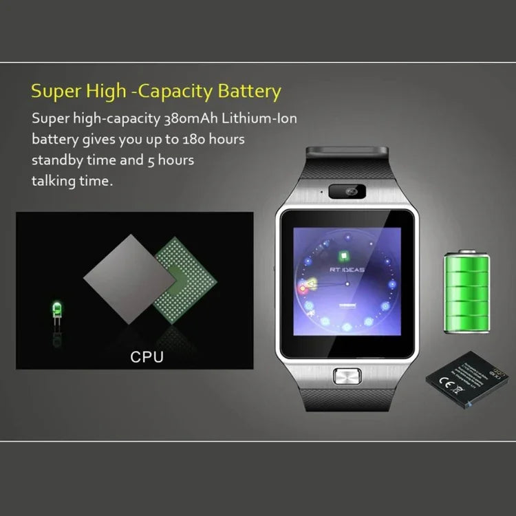 Đồng hồ điện thoại thông minh DZ09 màn hình 1.56 inch, Bluetooth 3.0, Hệ điều hành Android 4.1 trở lên, Hỗ trợ gọi Bluetooth & nhắc cuộc gọi & theo dõi giấc ngủ & đếm bước chân & nhắc ngồi lâu & lịch & tin nhắn & phát nhạc và video & chức năng chống mất