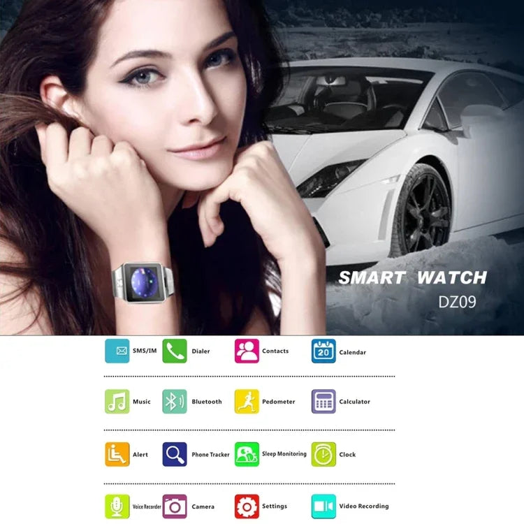 Đồng hồ điện thoại thông minh DZ09 màn hình 1.56 inch, Bluetooth 3.0, Hệ điều hành Android 4.1 trở lên, Hỗ trợ gọi Bluetooth & nhắc cuộc gọi & theo dõi giấc ngủ & đếm bước chân & nhắc ngồi lâu & lịch & tin nhắn & phát nhạc và video & chức năng chống mất