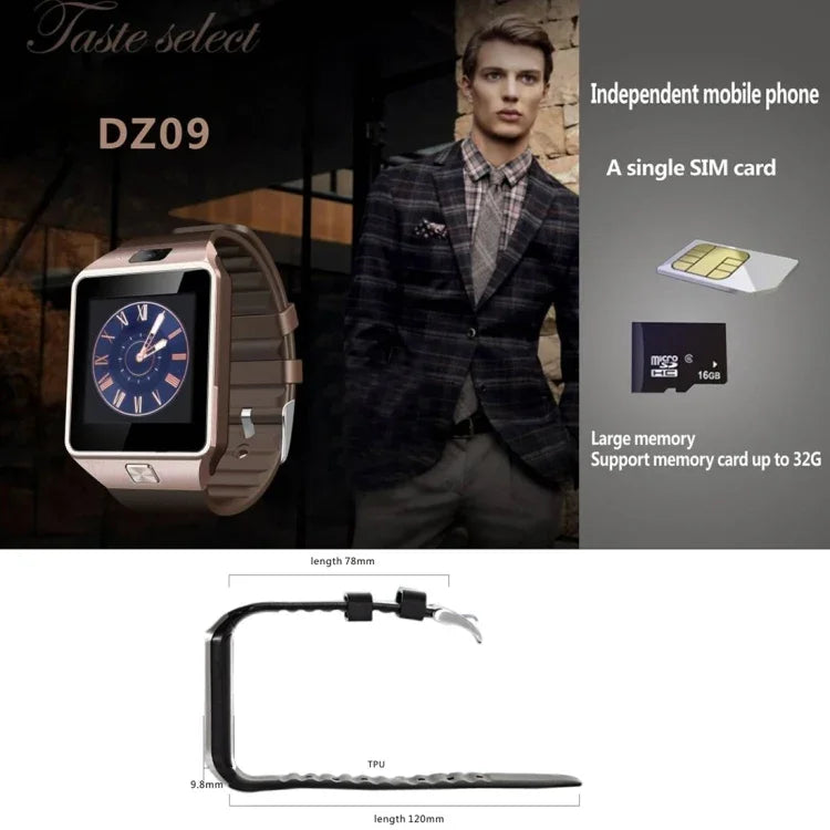 Đồng hồ điện thoại thông minh DZ09 màn hình 1.56 inch, Bluetooth 3.0, Hệ điều hành Android 4.1 trở lên, Hỗ trợ gọi Bluetooth & nhắc cuộc gọi & theo dõi giấc ngủ & đếm bước chân & nhắc ngồi lâu & lịch & tin nhắn & phát nhạc và video & chức năng chống mất