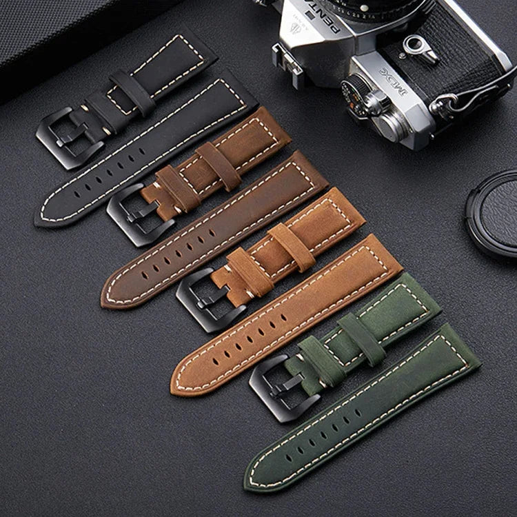 Dây đeo đồng hồ da khóa đen mờ Crazy Horse Layer, Kích thước: 26mm