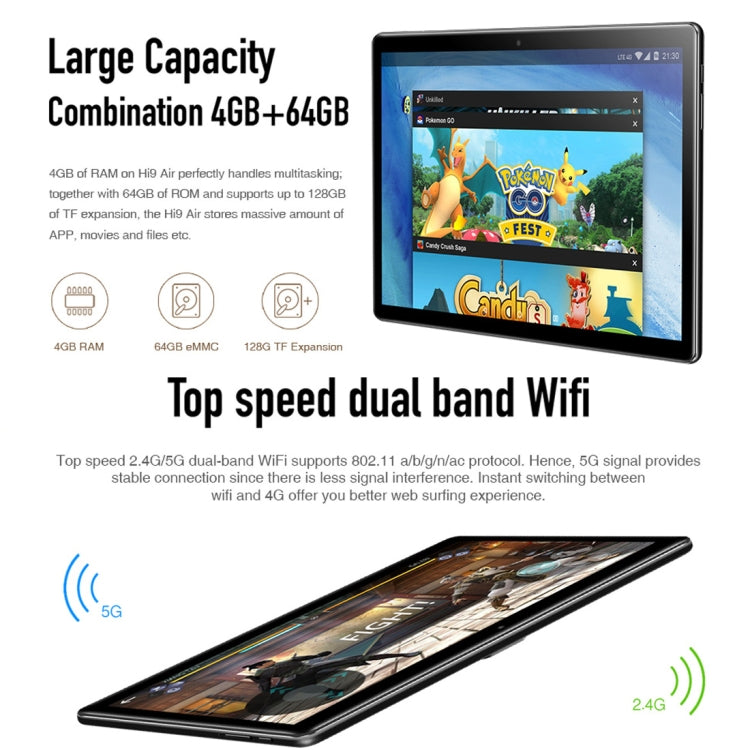Android 8.0, MTK (Helio X27) lõi mười lên đến 2.1GHz, hỗ trợ OTG, FM, Bluetooth, WiFi băng tần kép, Mạng: 4G, Hi9 Air 4GB+64GB