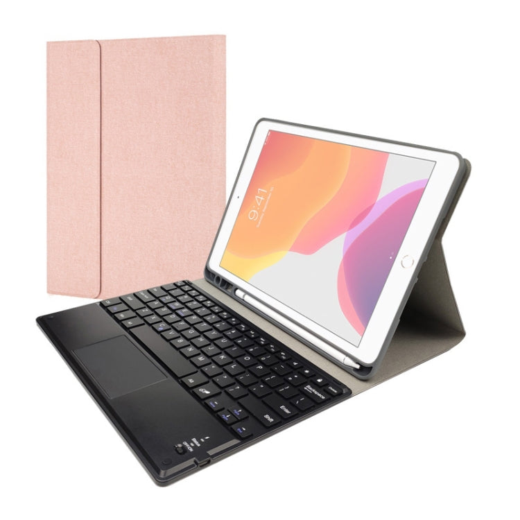 Bàn phím Bluetooth nhựa từ tính tháo rời RK102C kèm touchpad + Bao da TPU họa tiết lụa cho iPad 10.2, có khe đựng bút & giá đỡ, RK102C