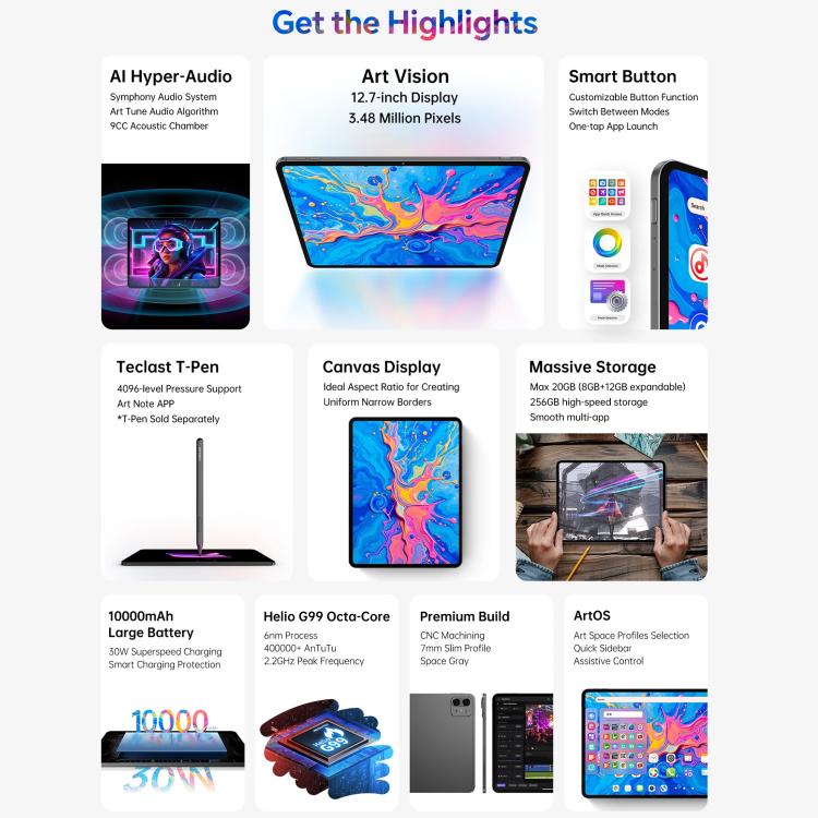 Máy tính bảng Teclast ArtPad Pro, 8GB+256GB, 12.7 inch Android 15 MTK Helio G99 Octa Core, Mạng 4G Dual SIM, ArtPad Pro