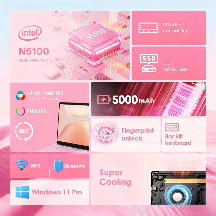 Laptop GXMO T152J 15.6 inch, Không có bộ nhớ, Windows 11 Pro Intel Celeron N5100 Quad Core, Hỗ trợ mở khóa vân tay, Phích cắm AU, Không có bộ nhớ, Phích cắm AU