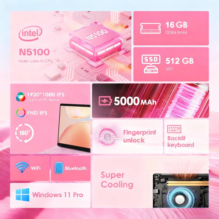 GXMO T152J Laptop 15.6 inch, 16GB+512GB, Windows 11 Pro Intel Celeron N5100 Quad Core, Hỗ trợ mở khóa vân tay, Phích cắm US, 16GB+512GB, Phích cắm US