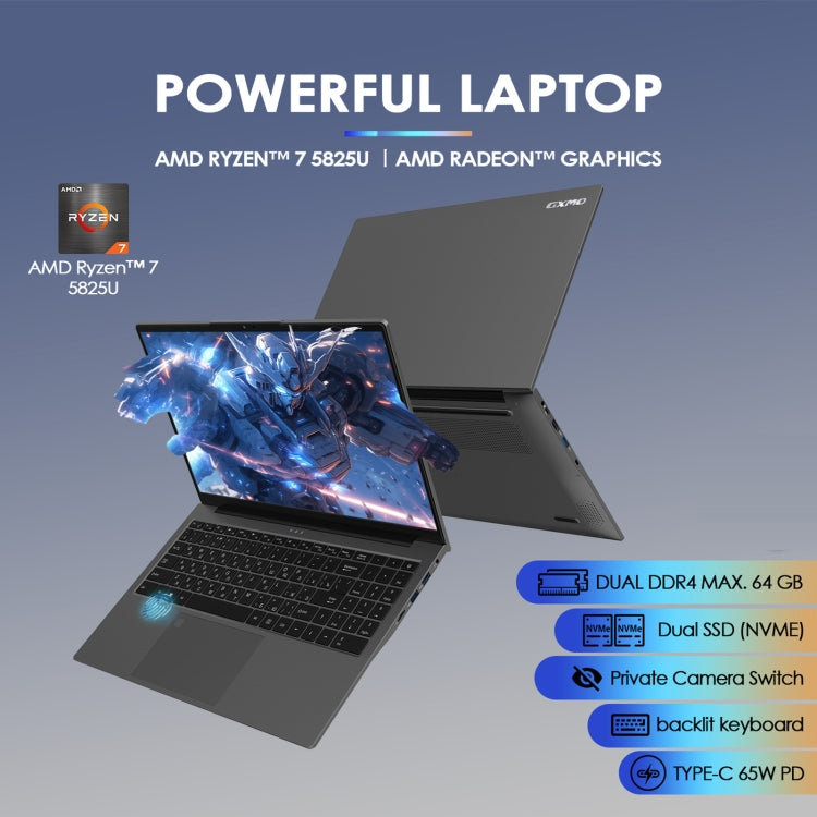 GXMO G156 Laptop 15.6 inch, 16GB+512GB, Windows 11 AMD Ryzen 7 5825U Octa Core, Hỗ trợ mở khóa vân tay, Phích cắm US, 32GB+1TB