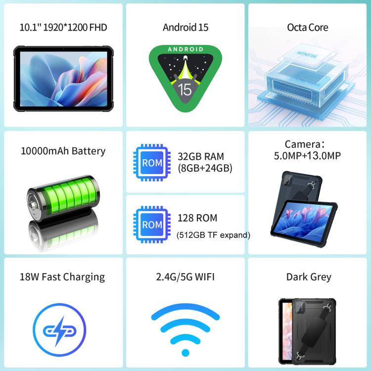 Máy tính bảng bền chống nước UNIWA UTAB R1040 IP67, 8GB+128GB, màn hình 10.1 inch Android 15 Mediatek MT8786 Octa Core, Mạng: 4G, Phích cắm US, UTAB R1040