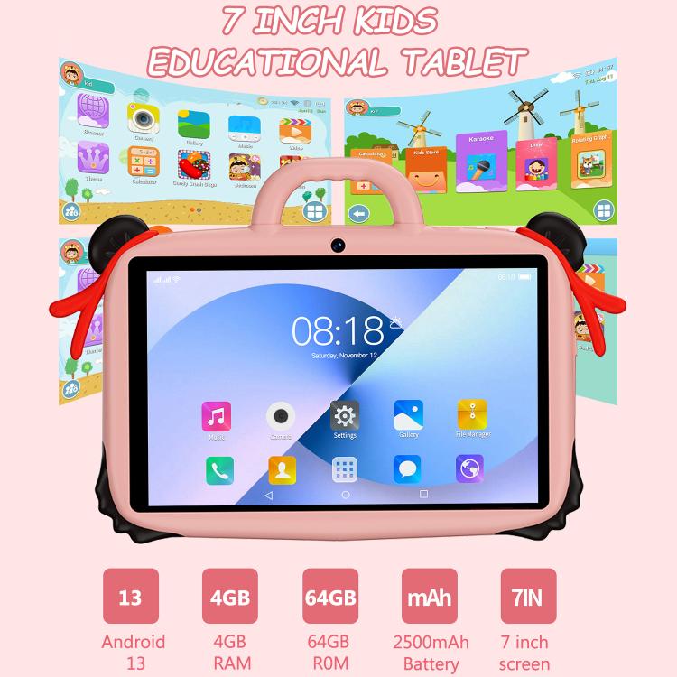 Máy tính bảng trẻ em WiFi 7 inch BDF với vỏ silicone Nezha, 2GB+32GB, Android 8.1 MTK6735 CPU lõi tứ, phích cắm Mỹ, 4GB+64GB