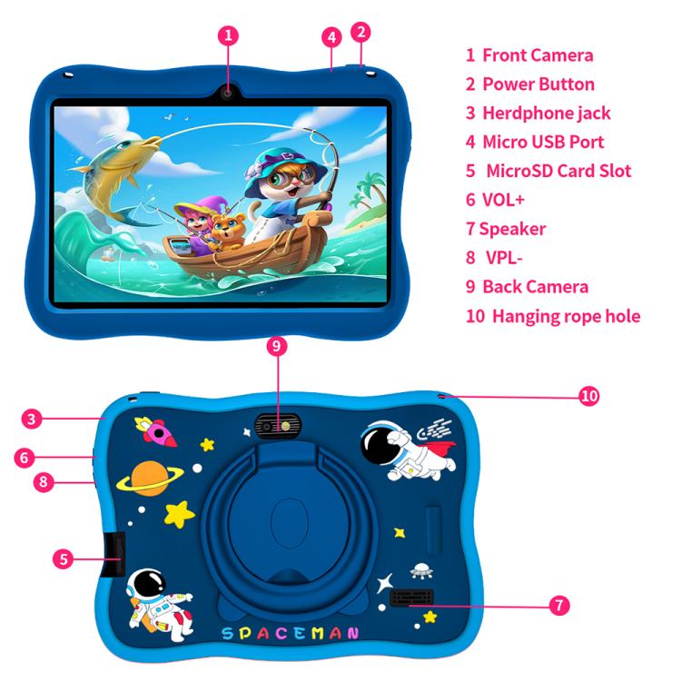 Máy tính bảng trẻ em WiFi 7 inch BDF với vỏ silicone phi hành gia, 2GB+32GB, Android 8.1 MTK6735 CPU lõi tứ, phích cắm Mỹ, 4GB+64GB